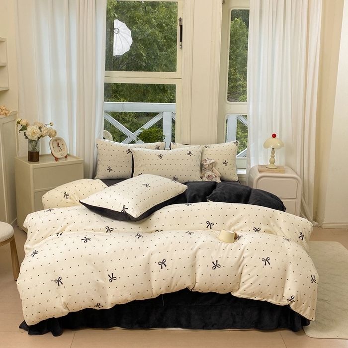 91家纺网 家纺一手货源 找家纺 元禾家纺 2025新款牛奶绒印花四件套 蝴蝶结