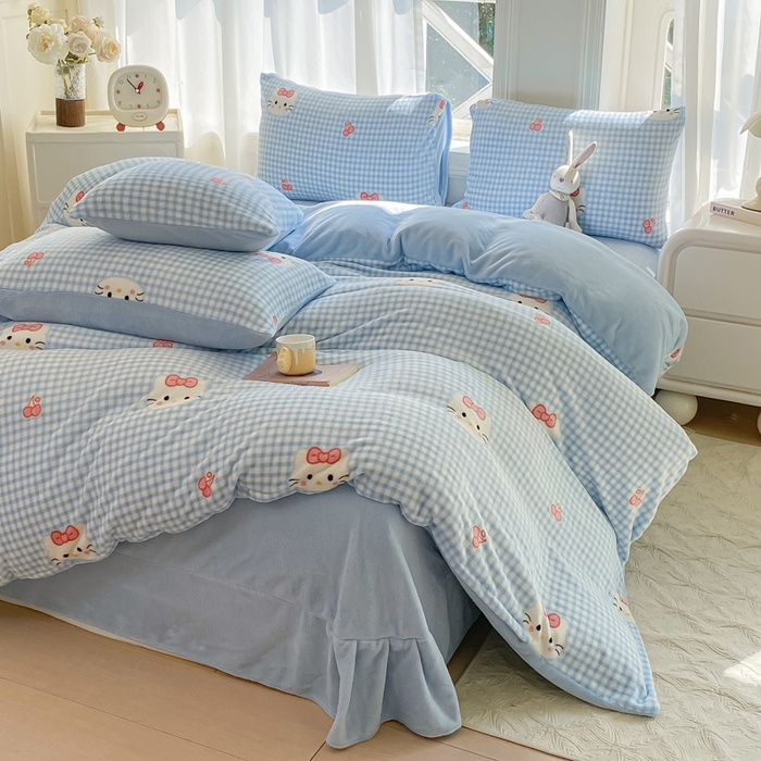 元禾家纺 2025新款牛奶绒印花四件套 KT猫 蓝