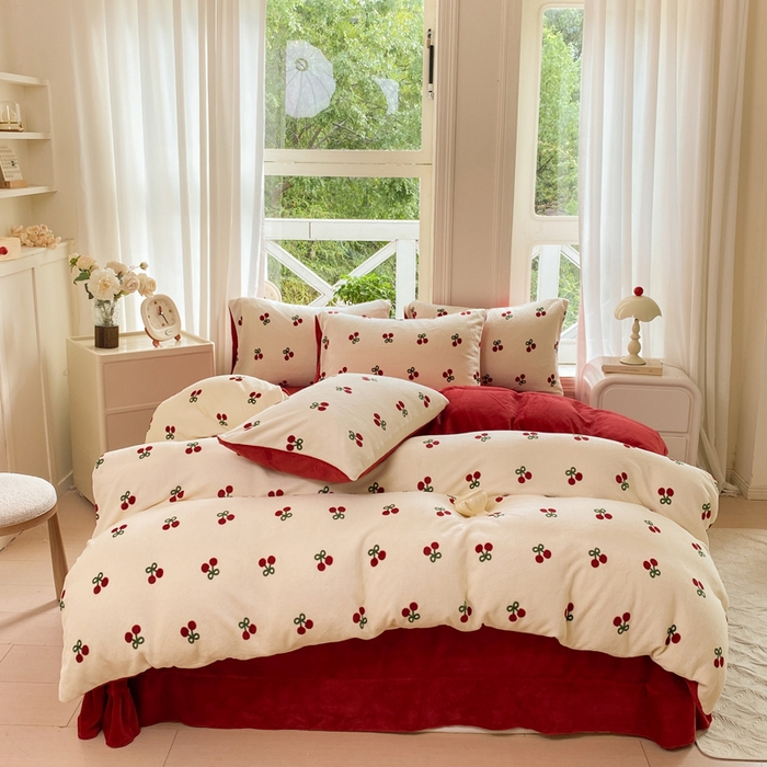 91家纺网 家纺一手货源 找家纺 元禾家纺 2025新款牛奶绒印花四件套 樱桃