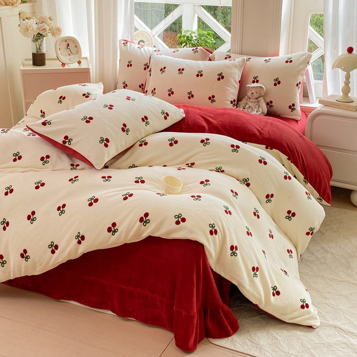 元禾家纺 2025新款牛奶绒印花四件套 樱桃