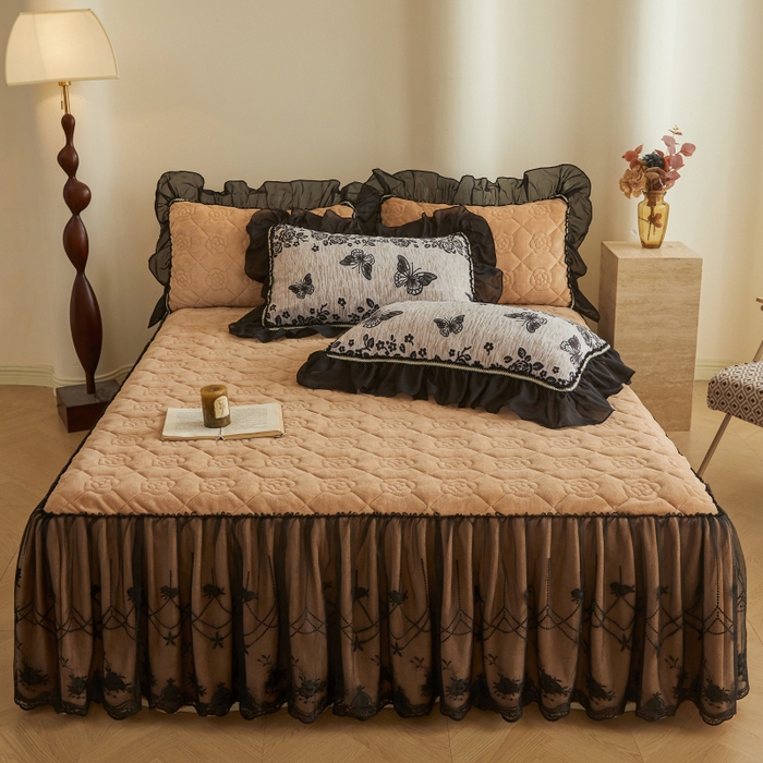 罗艺轩 2025新款牛奶绒蕾丝花边单床裙 床裙单件 蝶恋花语