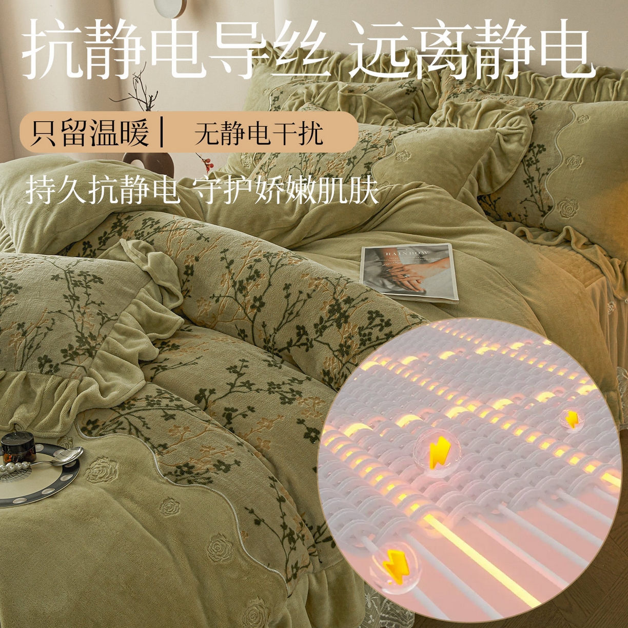 91家纺网 家纺一手货源 找家纺 宜凡家纺 2025新款牛奶绒雕花刺绣夹棉床裙四件套 倚梅傲雪 墨绿