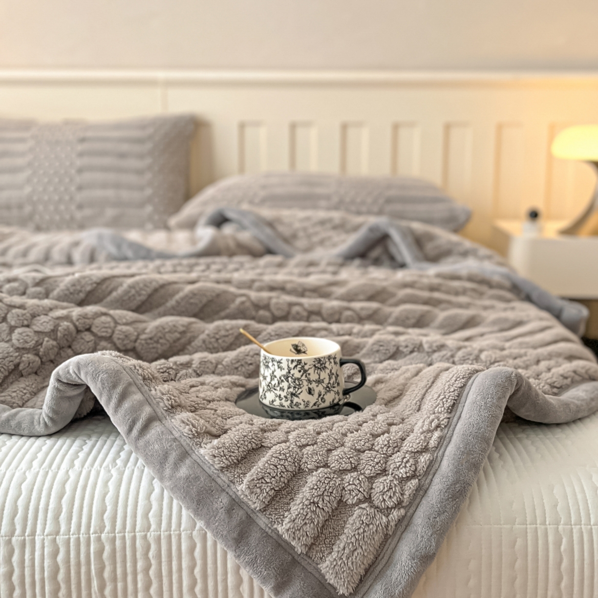 91家纺网 家纺一手货源 找家纺 欧邦 2025新款A类提花云锦绒双面绒单层毯-风铃系列 风铃-浅灰