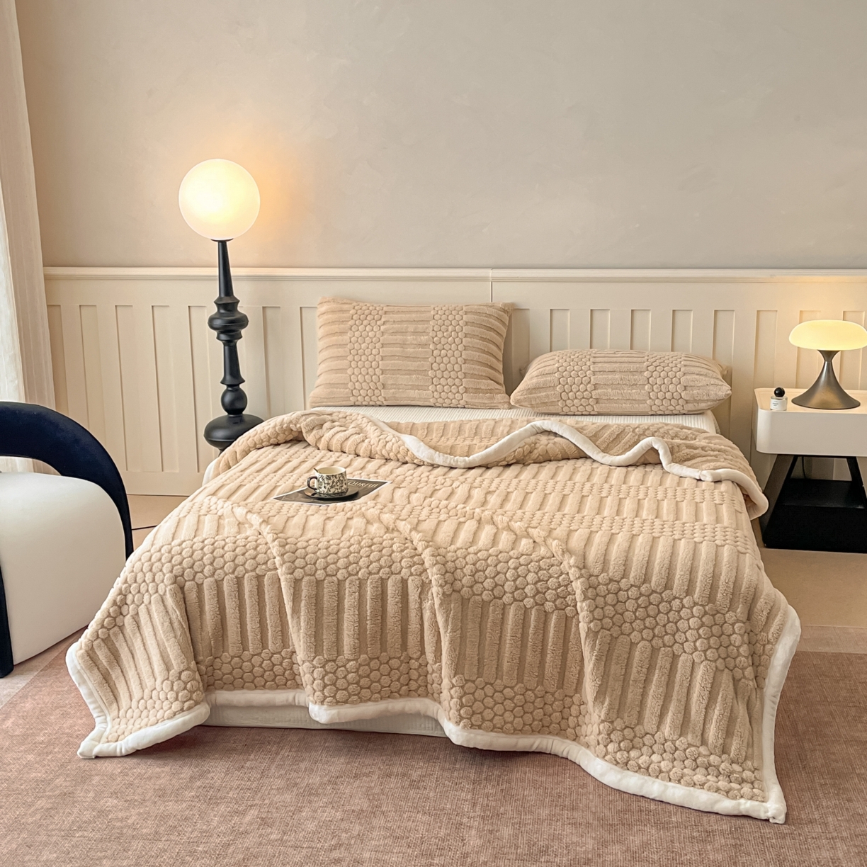 91家纺网 家纺一手货源 找家纺 欧邦 2025新款A类提花云锦绒双面绒单层毯-风铃系列 风铃-驼