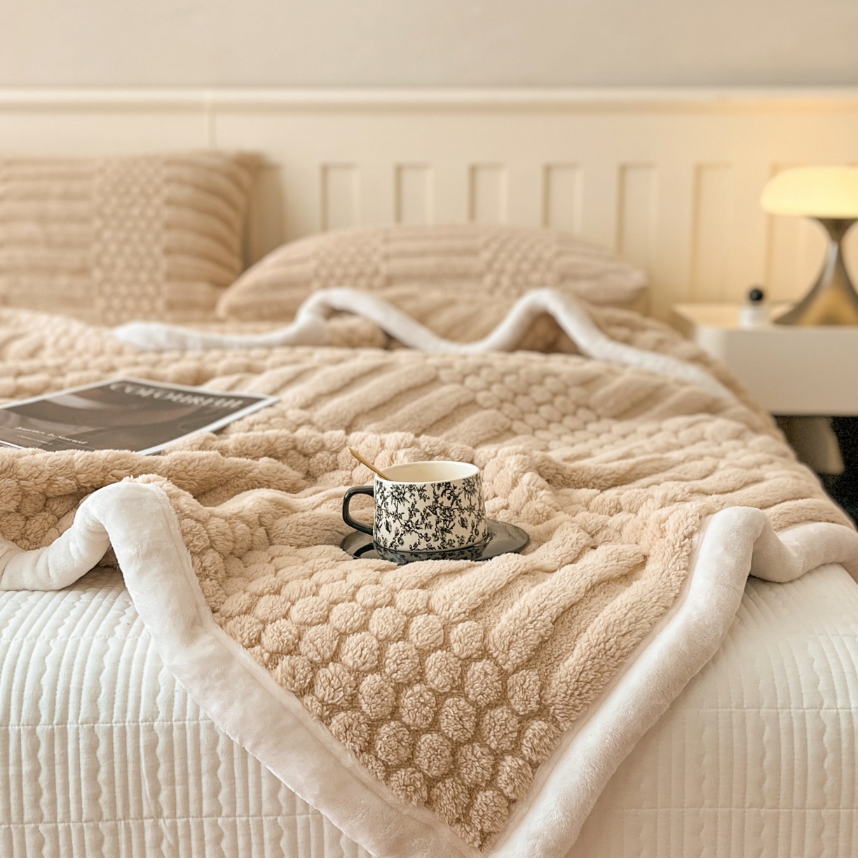 91家纺网 家纺一手货源 找家纺 欧邦 2025新款A类提花云锦绒双面绒单层毯-风铃系列 风铃-驼