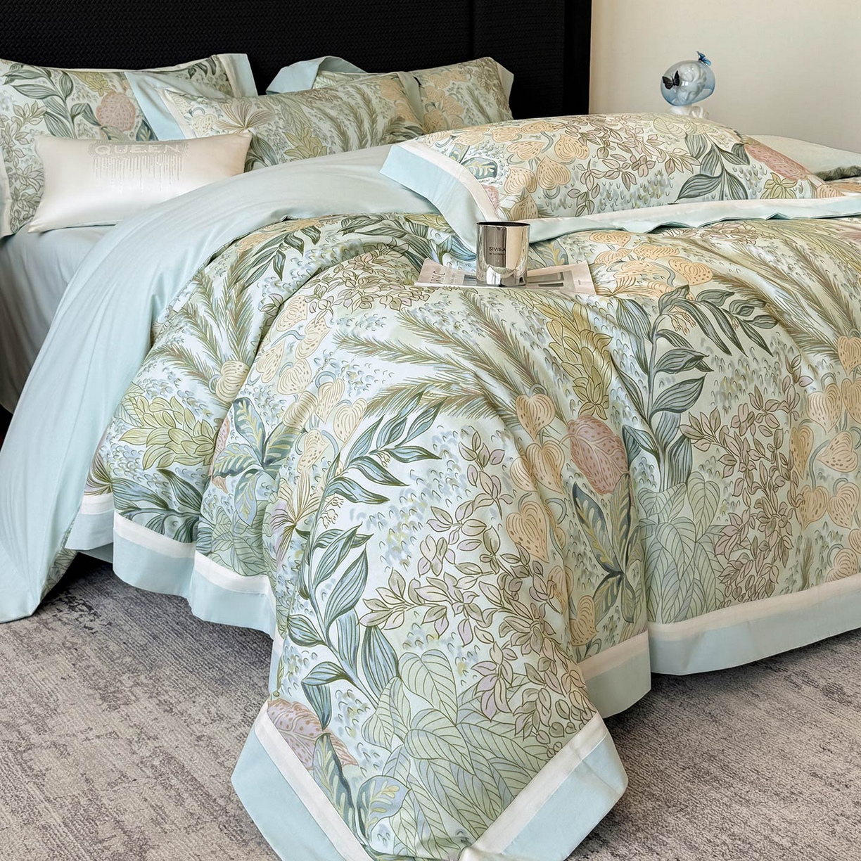 91家纺网 家纺一手货源 找家纺 2025直播爆款A类加厚保暖全棉磨毛四件套纯棉数码印花被套高端床单床笠款裸睡床上用品 芙瑶-香颂绿