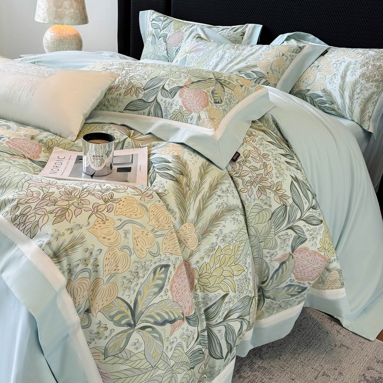 91家纺网 家纺一手货源 找家纺 2025直播爆款A类加厚保暖全棉磨毛四件套纯棉数码印花被套高端床单床笠款裸睡床上用品 芙瑶-香颂绿