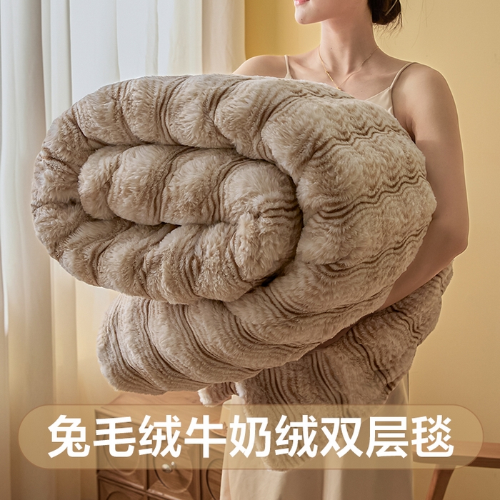 欧邦 2025新款轻奢波纹加厚皮草兔毛绒双层毯 波纹-米杏