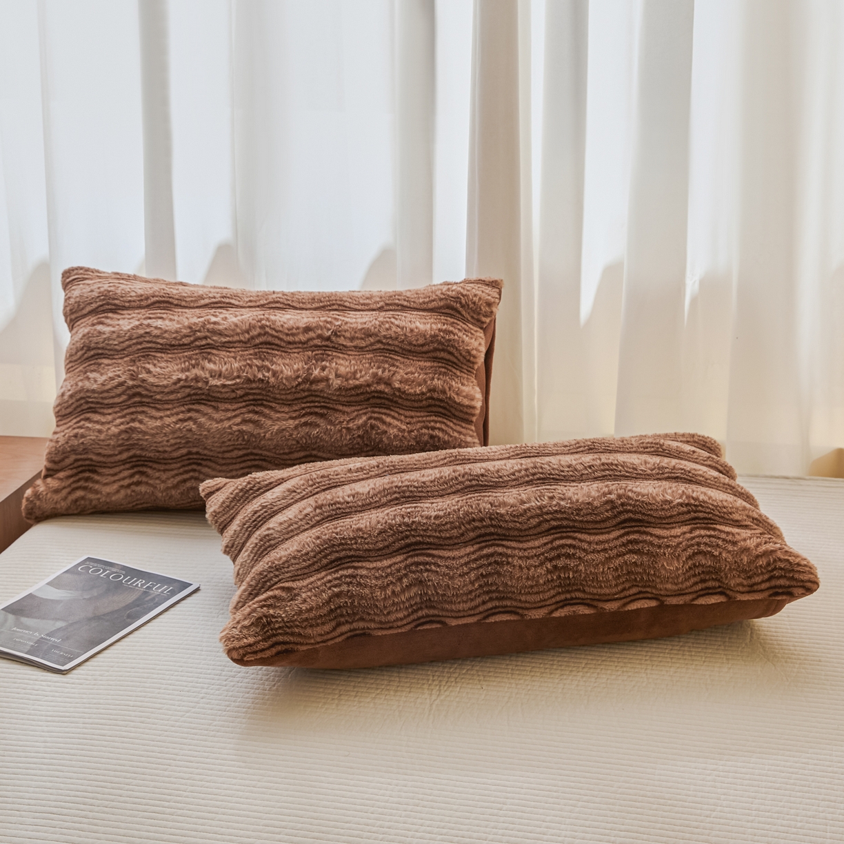 91家纺网 家纺一手货源 找家纺 欧邦 2025新款轻奢波纹加厚皮草兔毛绒双层毯 波纹-深咖