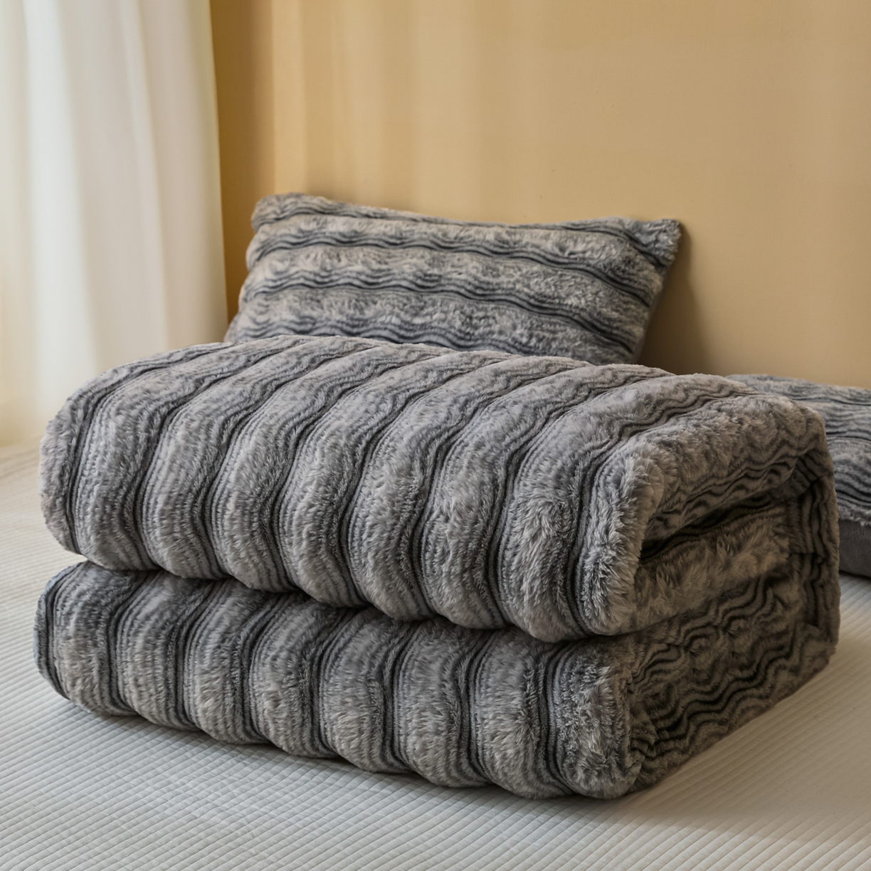 91家纺网 家纺一手货源 找家纺 欧邦 2025新款轻奢波纹加厚皮草兔毛绒双层毯 叠拍图