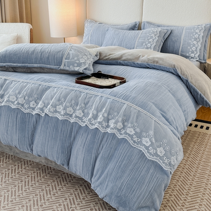 91家纺网 家纺一手货源 找家纺 诺梵家纺 2025新款韩版蕾丝雕花款四件套-米兰达 米兰达-灰