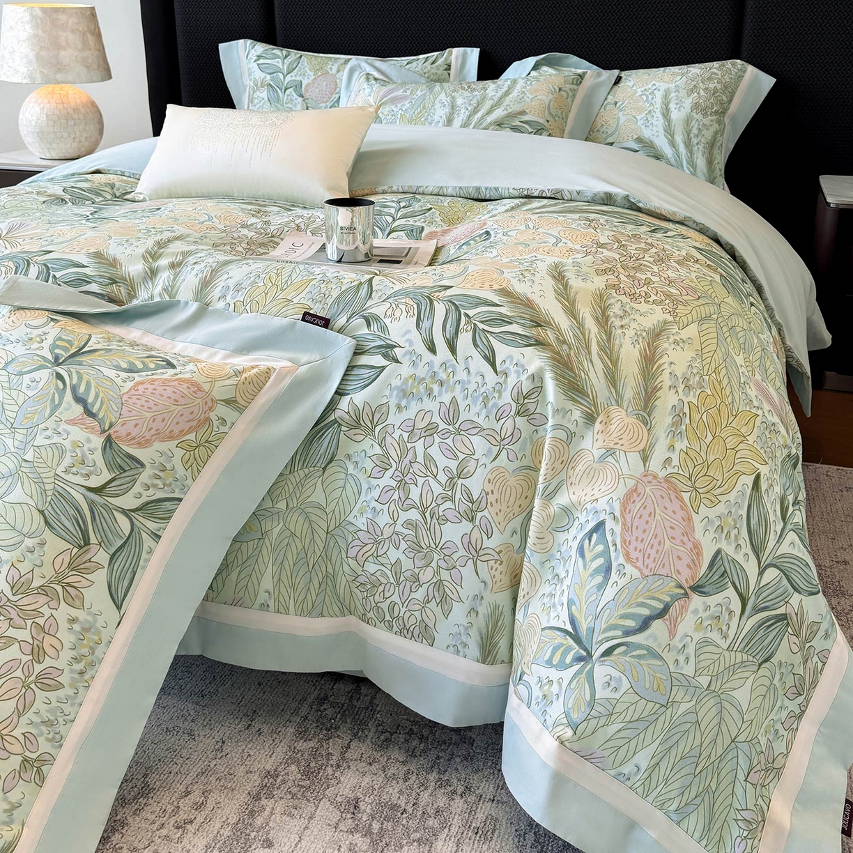 91家纺网 家纺一手货源 找家纺  2025直播爆款A类加厚保暖全棉磨毛四件套纯棉数码印花被套高端床单床笠款裸睡床上用品 芙瑶-香颂绿