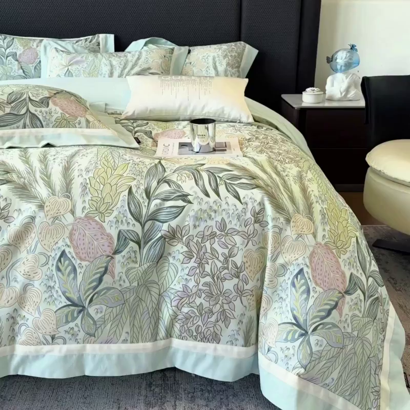 91家纺网 家纺一手货源 找家纺  2025直播爆款A类加厚保暖全棉磨毛四件套纯棉数码印花被套高端床单床笠款裸睡床上用品 芙瑶-香颂绿