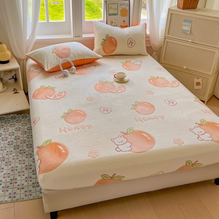 91家纺网 家纺一手货源 找家纺 娜朵家纺 2025新款180克雪花绒印花床笠 甜橙