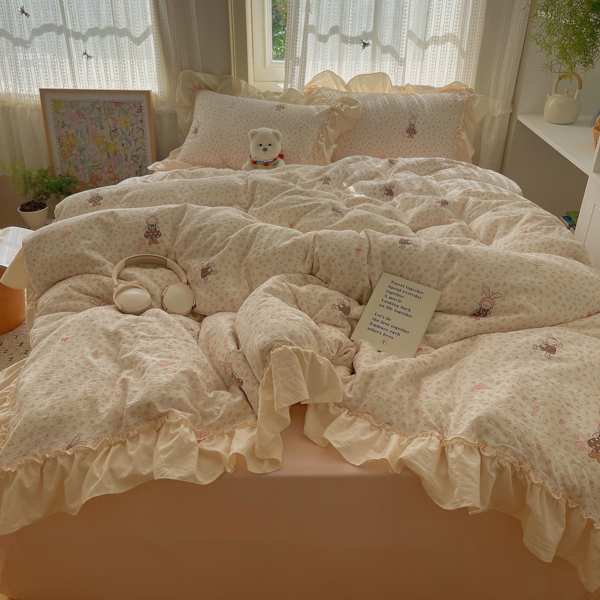 91家纺网 家纺一手货源 找家纺 （总）初念 2025新款法式花边款小碎花云感双层纱系列四件套-曼塔（小红书推荐）提供买家秀