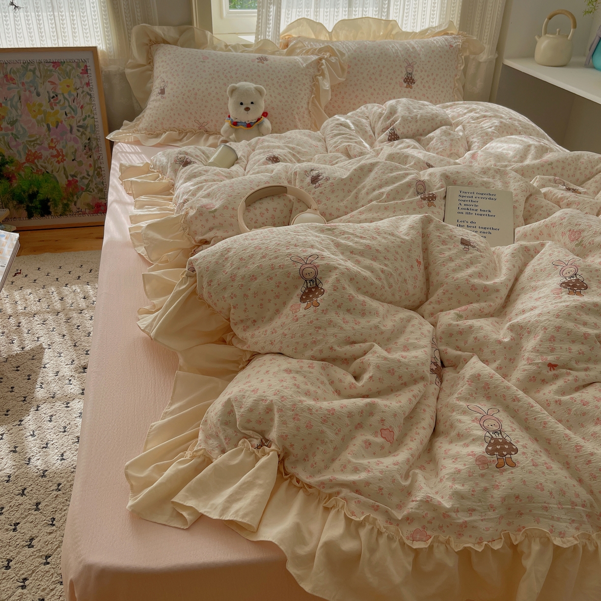 91家纺网 家纺一手货源 找家纺 （总）初念 2025新款法式花边款小碎花云感双层纱系列四件套-曼塔（小红书推荐）提供买家秀