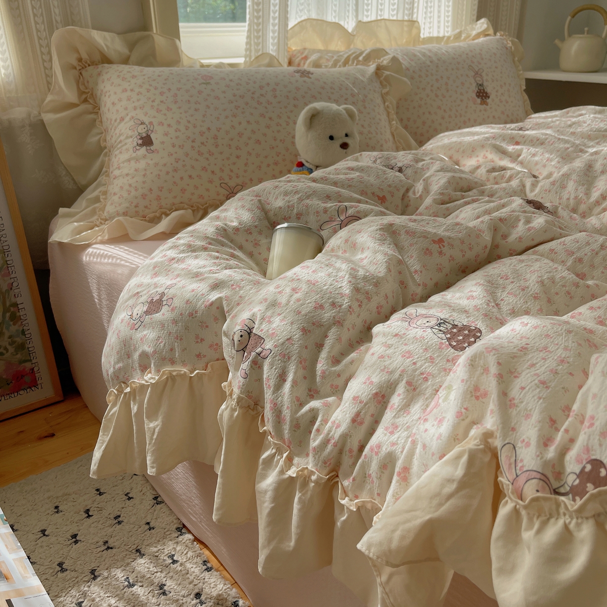 91家纺网 家纺一手货源 找家纺 （总）初念 2025新款法式花边款小碎花云感双层纱系列四件套-曼塔（小红书推荐）提供买家秀