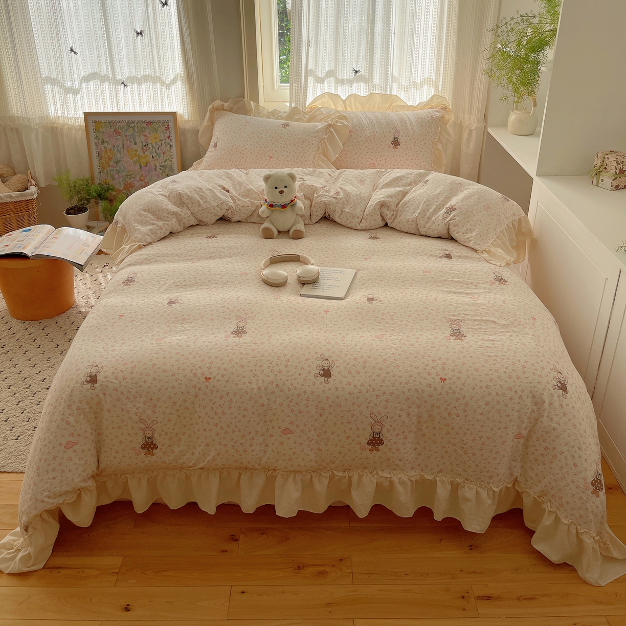 91家纺网 家纺一手货源 找家纺 （总）初念 2025新款法式花边款小碎花云感双层纱系列四件套-曼塔（小红书推荐）提供买家秀