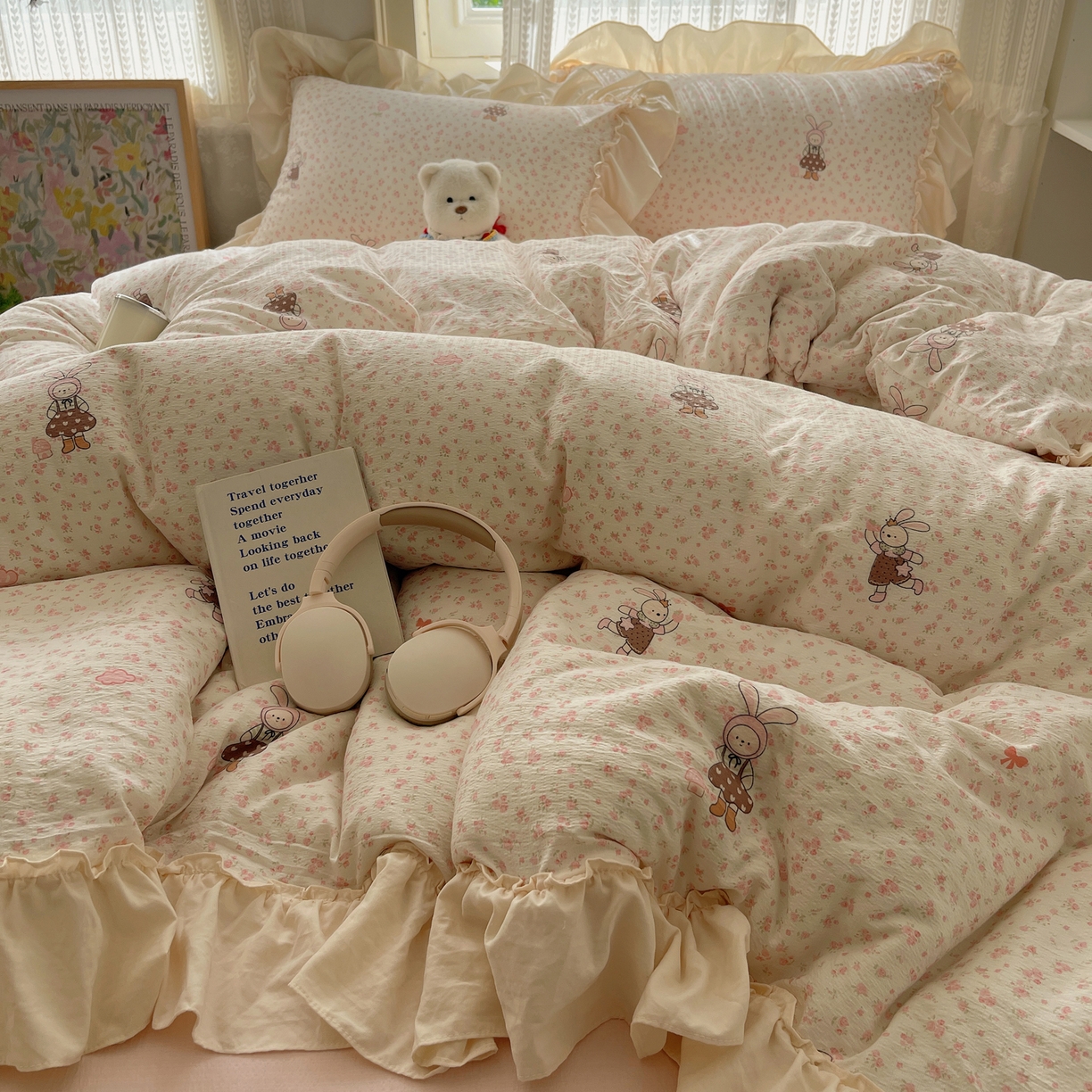 91家纺网 家纺一手货源 找家纺 （总）初念 2025新款法式花边款小碎花云感双层纱系列四件套-曼塔（小红书推荐）提供买家秀