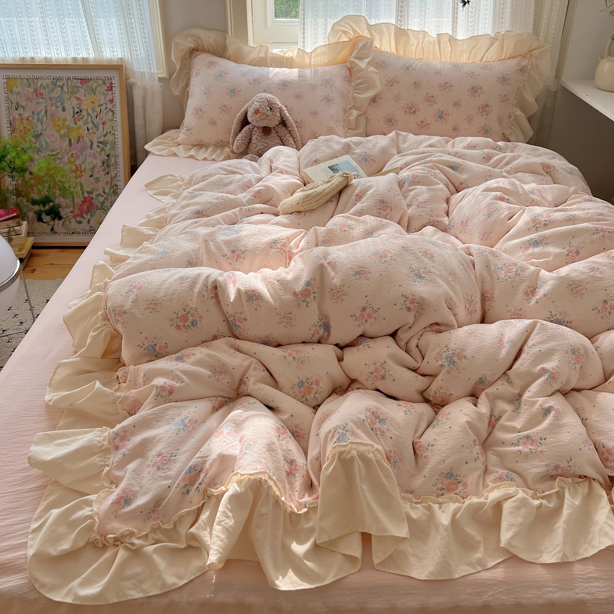 91家纺网 家纺一手货源 找家纺 （总）初念 2025新款法式花边款小碎花云感双层纱系列四件套-曼塔（小红书推荐）提供买家秀