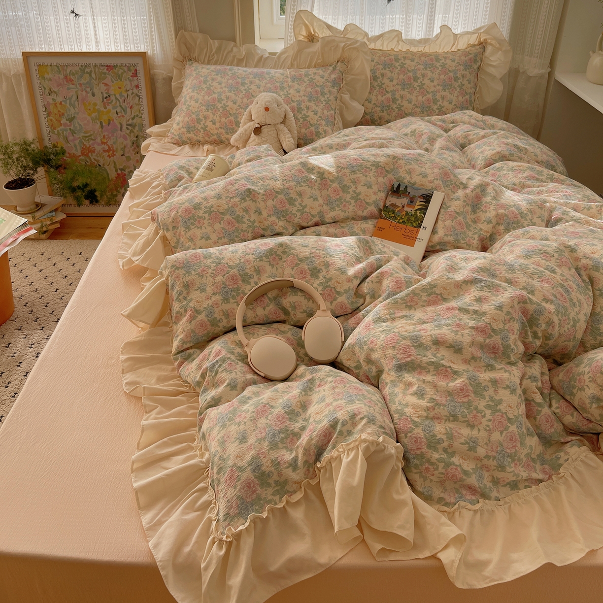 91家纺网 家纺一手货源 找家纺 （总）初念 2025新款法式花边款小碎花云感双层纱系列四件套-曼塔（小红书推荐）提供买家秀