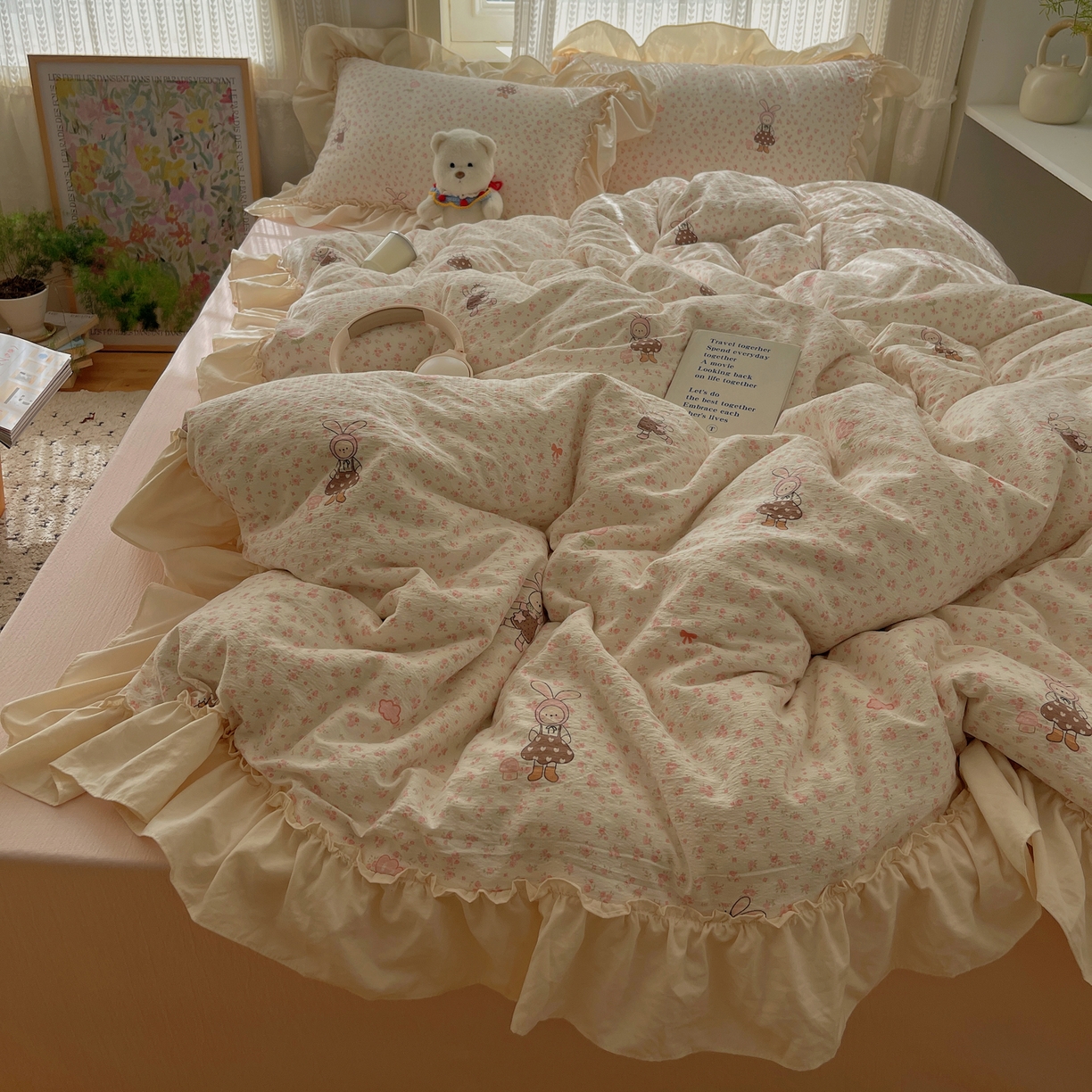 初念 2025新款法式花边款小碎花云感双层纱系列四件套-曼塔（小红书推荐）提供买家秀 曼塔-芭比兔