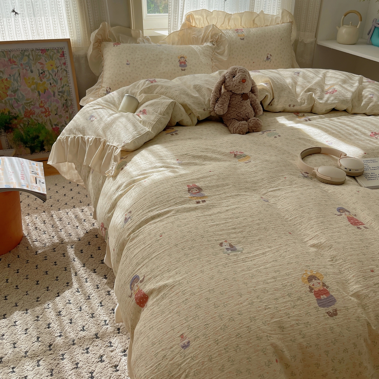 91家纺网 家纺一手货源 找家纺 初念 2025新款法式花边款小碎花云感双层纱系列四件套-曼塔（小红书推荐）提供买家秀 曼塔-丛林女孩