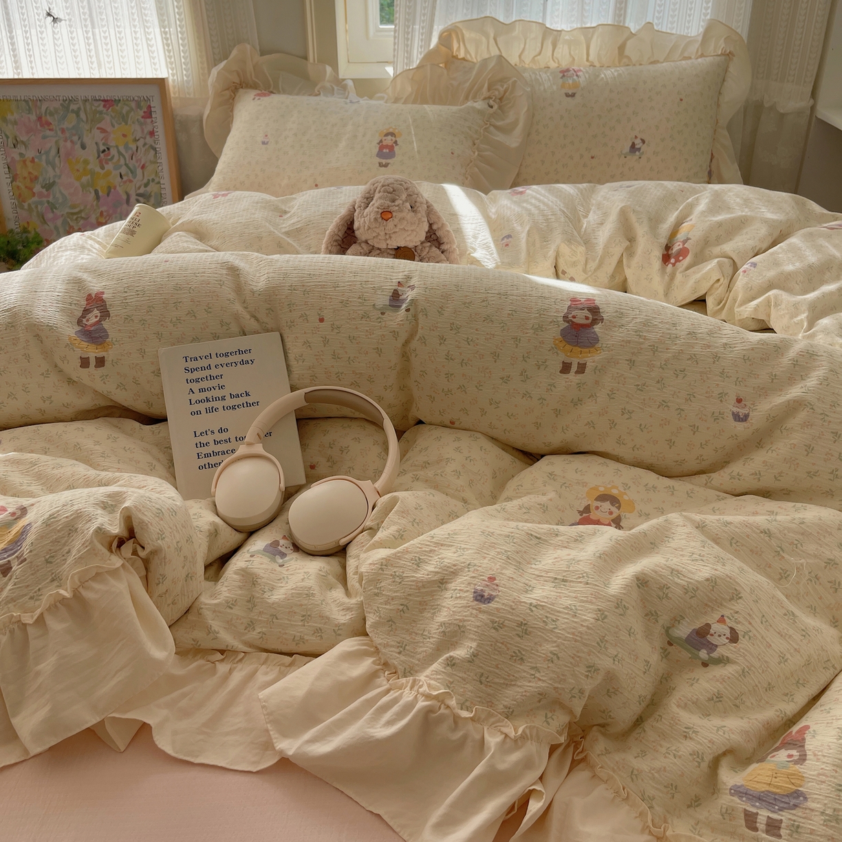 91家纺网 家纺一手货源 找家纺 初念 2025新款法式花边款小碎花云感双层纱系列四件套-曼塔（小红书推荐）提供买家秀 曼塔-丛林女孩