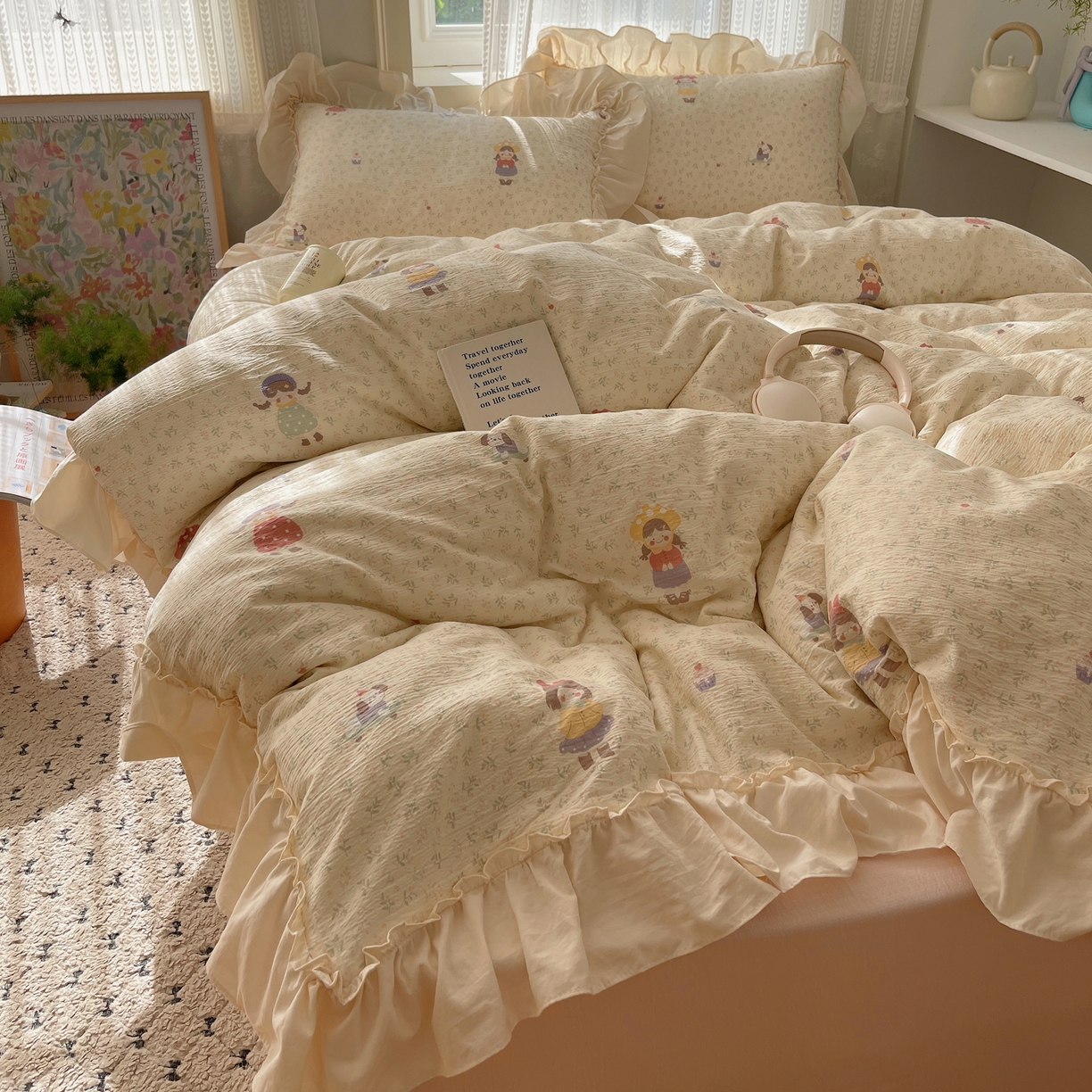 91家纺网 家纺一手货源 找家纺 初念 2025新款法式花边款小碎花云感双层纱系列四件套-曼塔（小红书推荐）提供买家秀 曼塔-丛林女孩