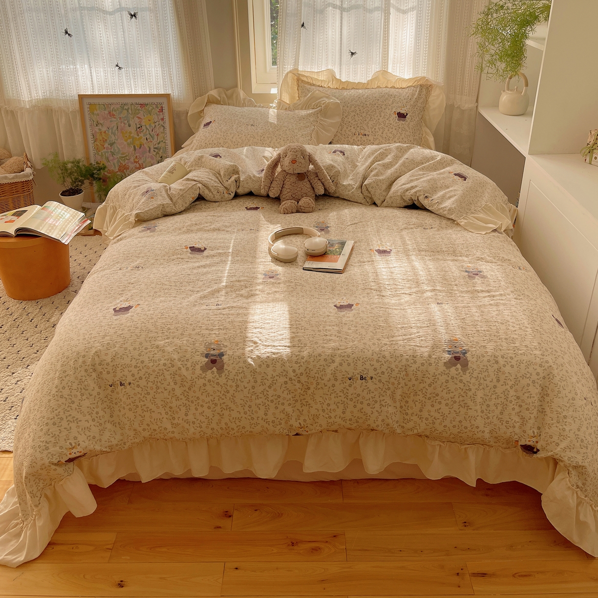 91家纺网 家纺一手货源 找家纺 初念 2025新款法式花边款小碎花云感双层纱系列四件套-曼塔（小红书推荐）提供买家秀 曼塔-复古浪漫