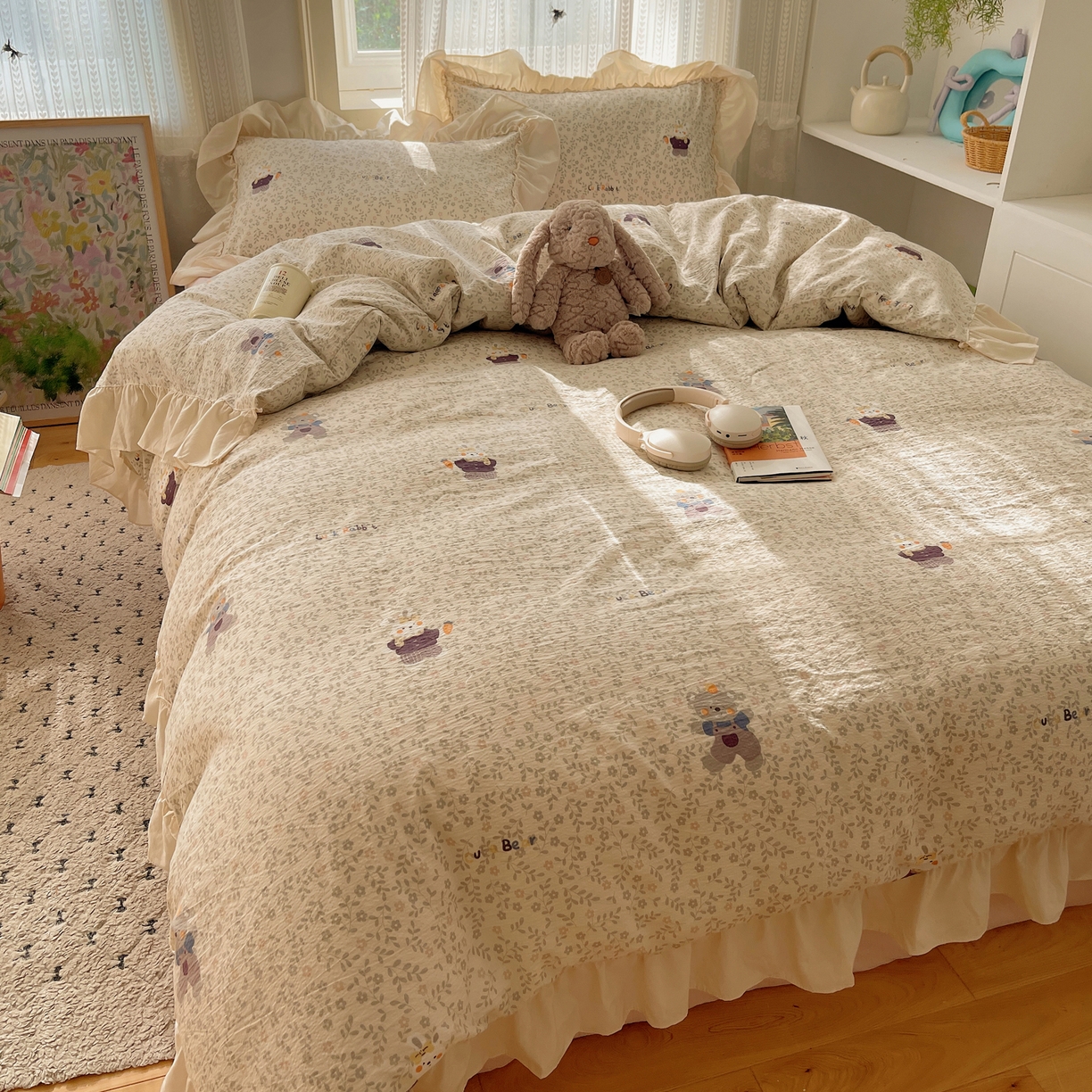 91家纺网 家纺一手货源 找家纺 初念 2025新款法式花边款小碎花云感双层纱系列四件套-曼塔（小红书推荐）提供买家秀 曼塔-复古浪漫