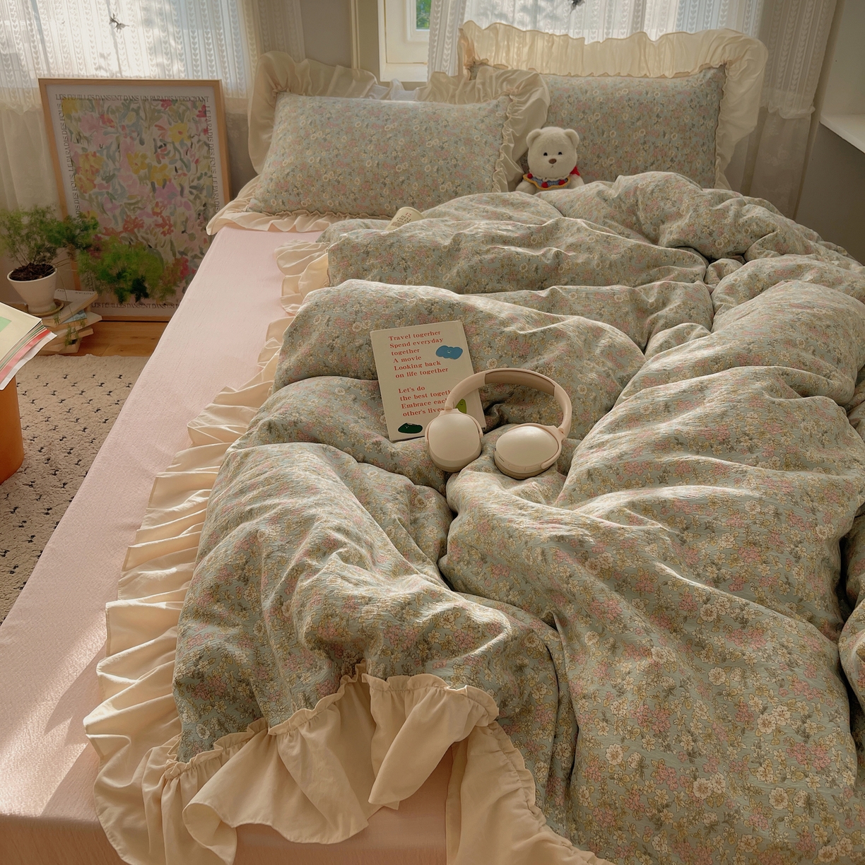 初念 2025新款法式花边款小碎花云感双层纱系列四件套-曼塔（小红书推荐）提供买家秀 曼塔-南庭春光