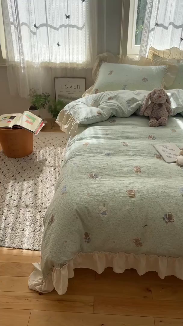 91家纺网 家纺一手货源 找家纺 初念 2025新款法式花边款小碎花云感双层纱系列四件套-曼塔（小红书推荐）提供买家秀 曼塔-少女象