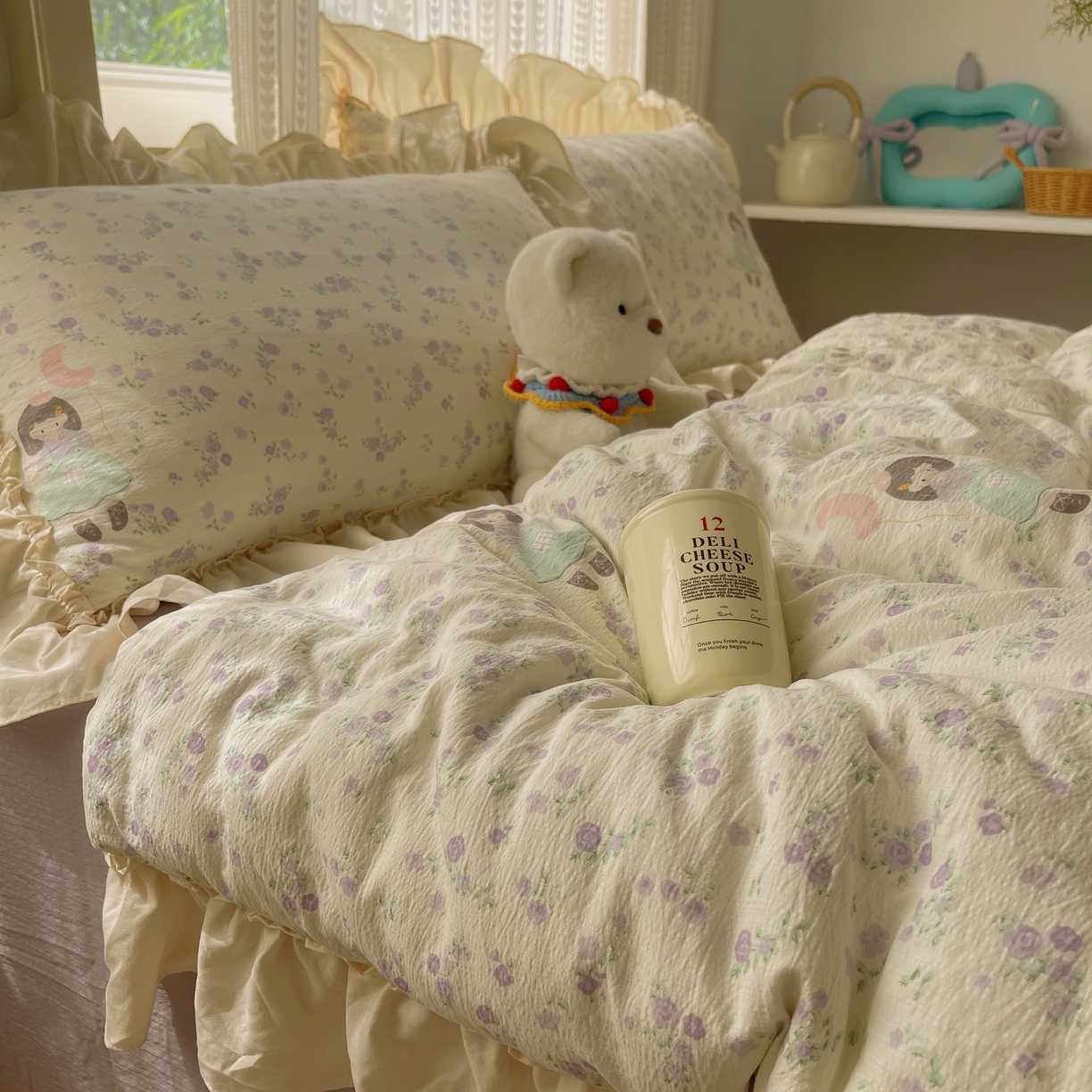 91家纺网 家纺一手货源 找家纺 初念 2025新款法式花边款小碎花云感双层纱系列四件套-曼塔（小红书推荐）提供买家秀 曼塔-思念女孩