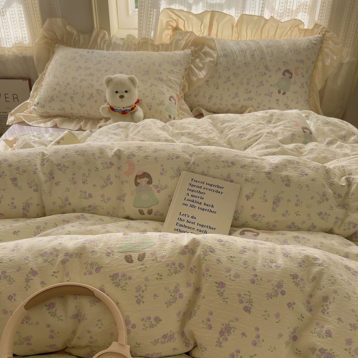 91家纺网 家纺一手货源 找家纺 初念 2025新款法式花边款小碎花云感双层纱系列四件套-曼塔（小红书推荐）提供买家秀 曼塔-思念女孩