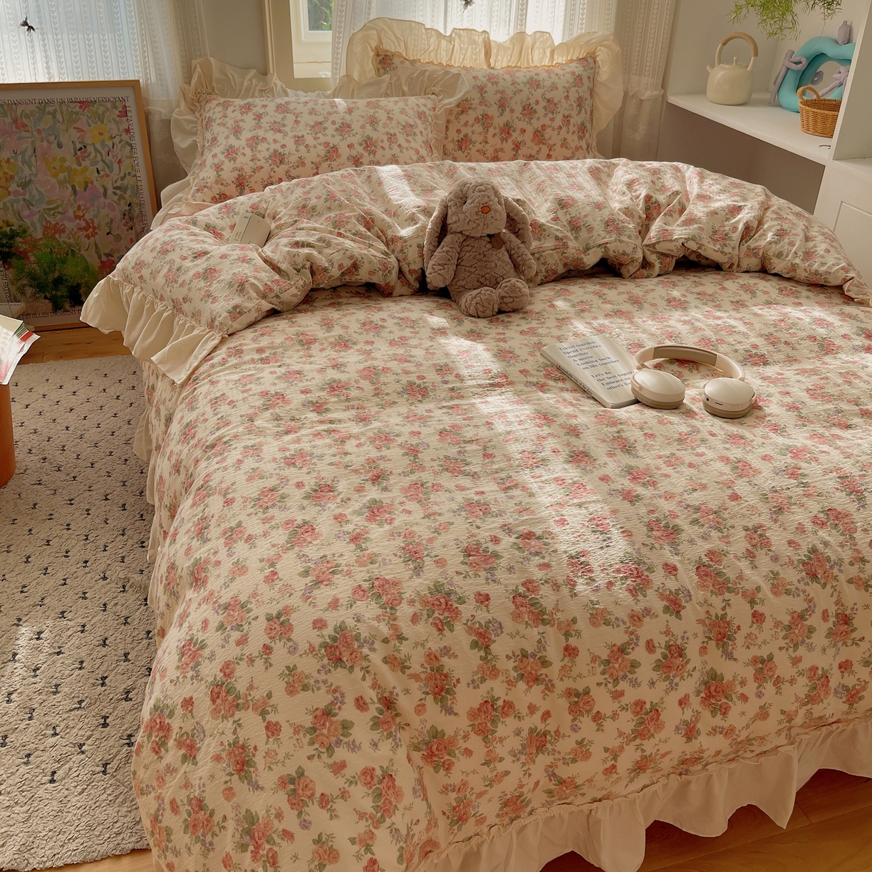 91家纺网 家纺一手货源 找家纺 初念 2025新款法式花边款小碎花云感双层纱系列四件套-曼塔（小红书推荐）提供买家秀 曼塔-星眠云野