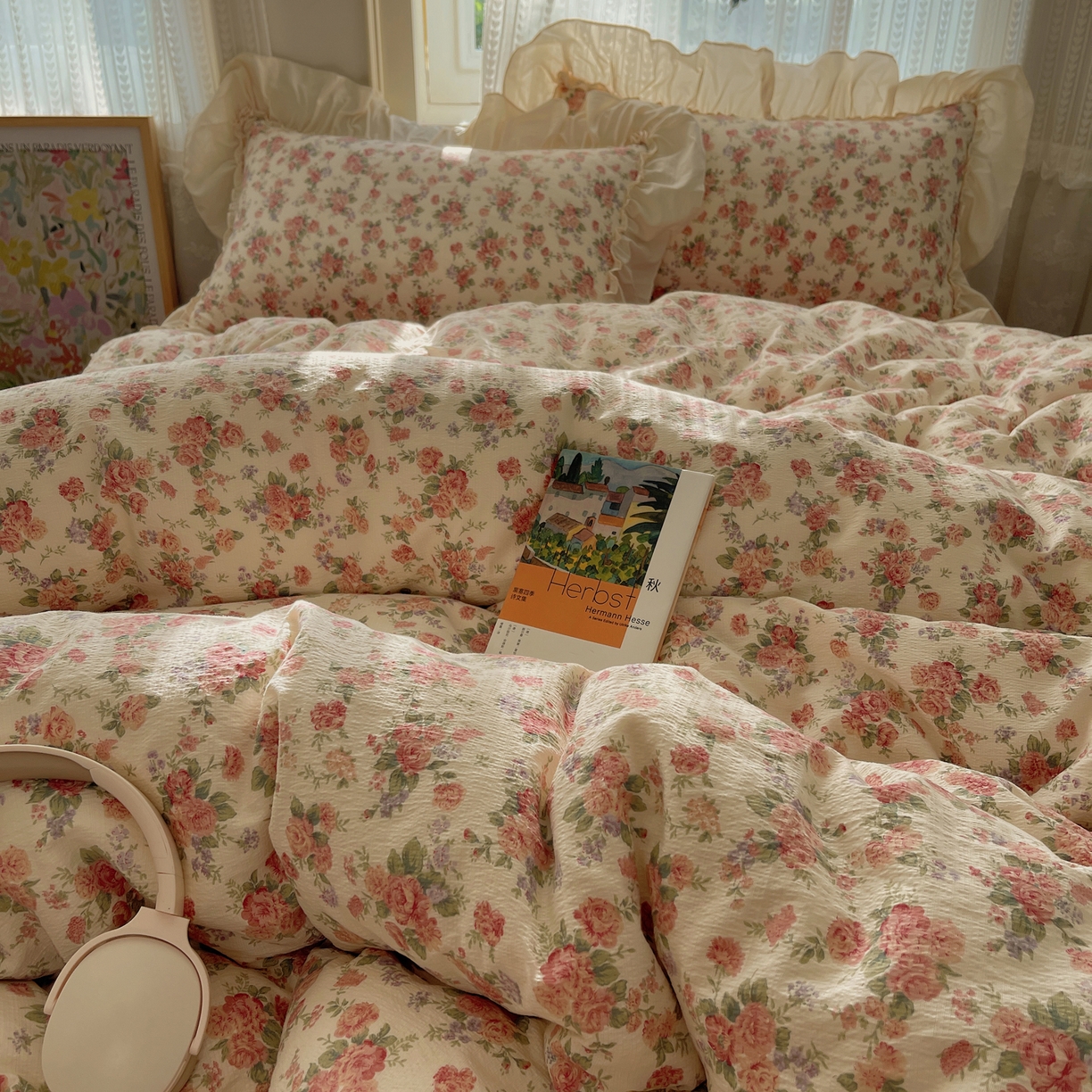 91家纺网 家纺一手货源 找家纺 初念 2025新款法式花边款小碎花云感双层纱系列四件套-曼塔（小红书推荐）提供买家秀 曼塔-星眠云野