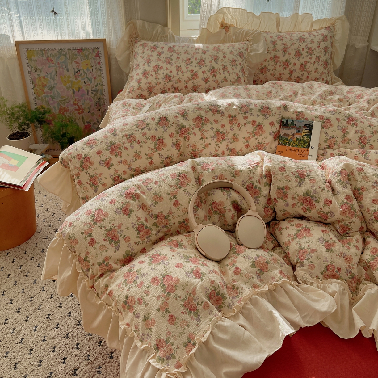 91家纺网 家纺一手货源 找家纺 初念 2025新款法式花边款小碎花云感双层纱系列四件套-曼塔（小红书推荐）提供买家秀 曼塔-星眠云野