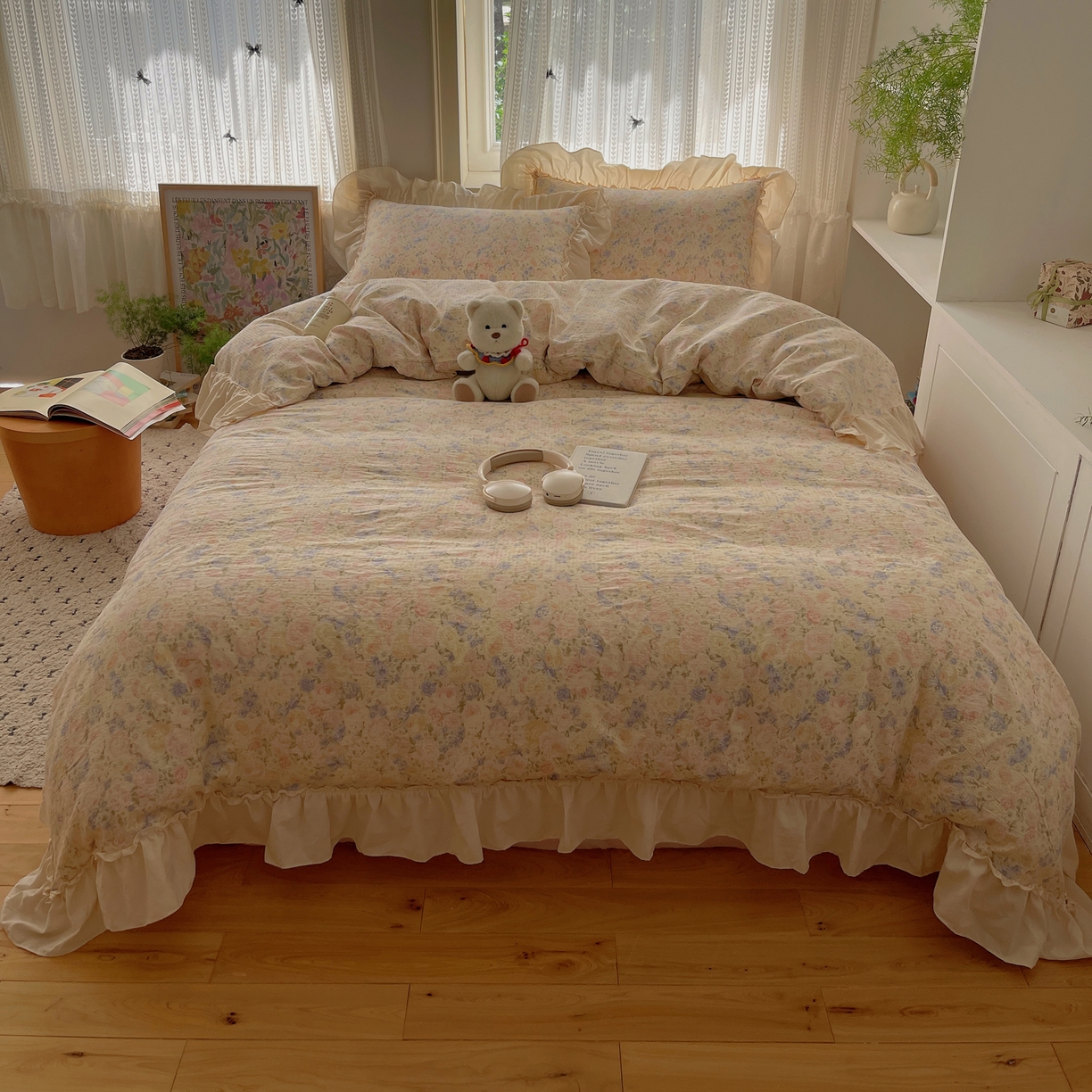 91家纺网 家纺一手货源 找家纺 初念 2025新款法式花边款小碎花云感双层纱系列四件套-曼塔（小红书推荐）提供买家秀 曼塔-虞美人的诗