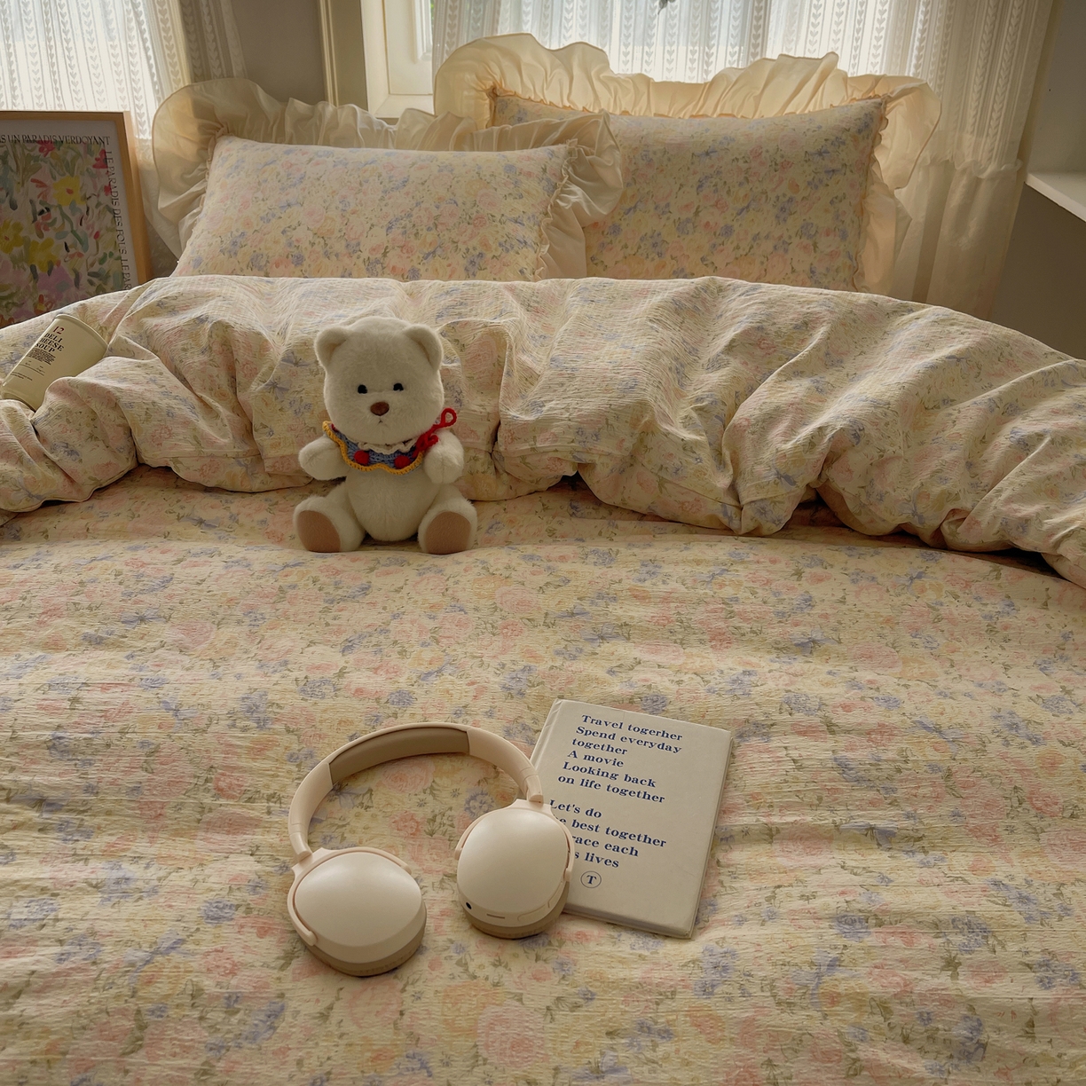 91家纺网 家纺一手货源 找家纺 初念 2025新款法式花边款小碎花云感双层纱系列四件套-曼塔（小红书推荐）提供买家秀 曼塔-虞美人的诗