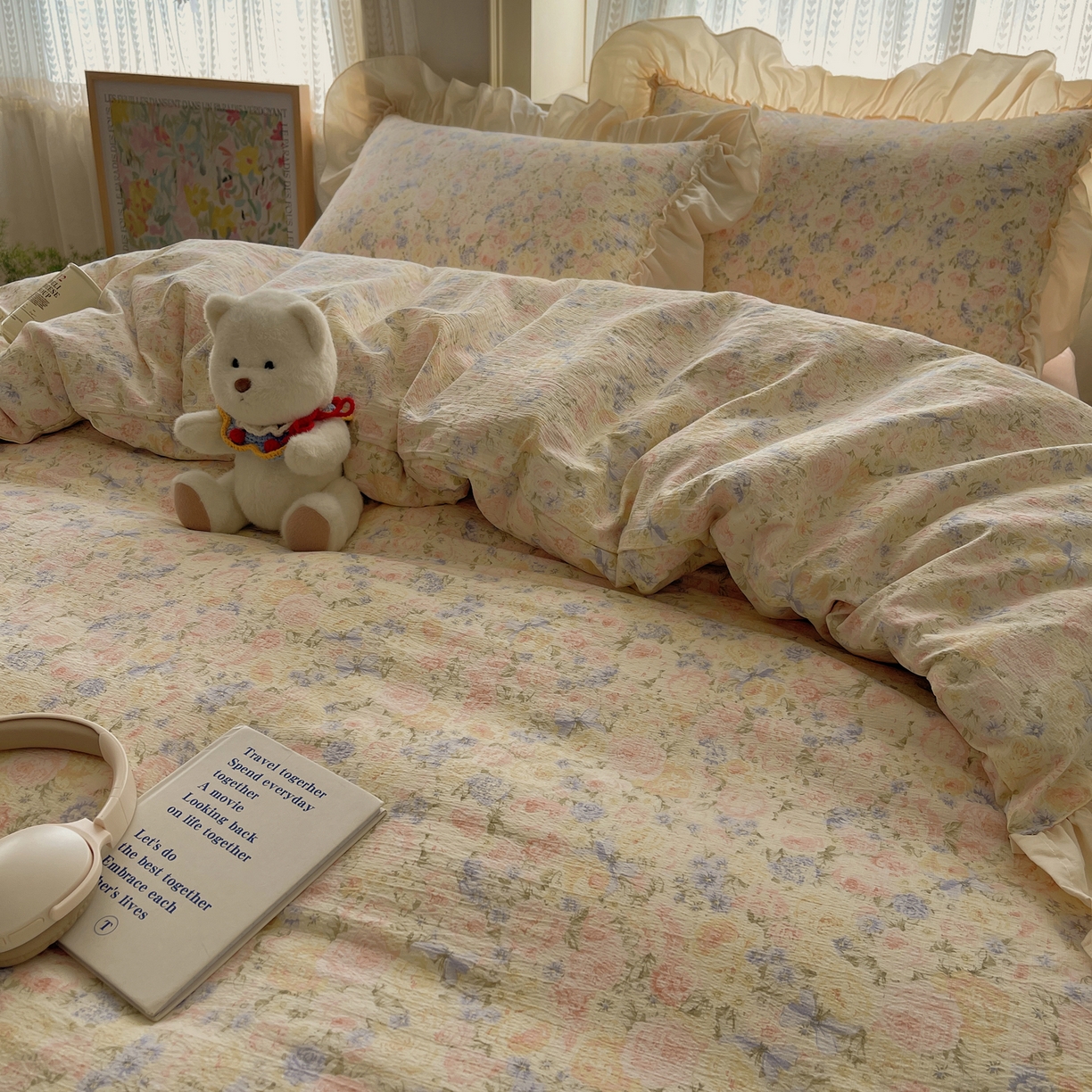 91家纺网 家纺一手货源 找家纺 初念 2025新款法式花边款小碎花云感双层纱系列四件套-曼塔（小红书推荐）提供买家秀 曼塔-虞美人的诗