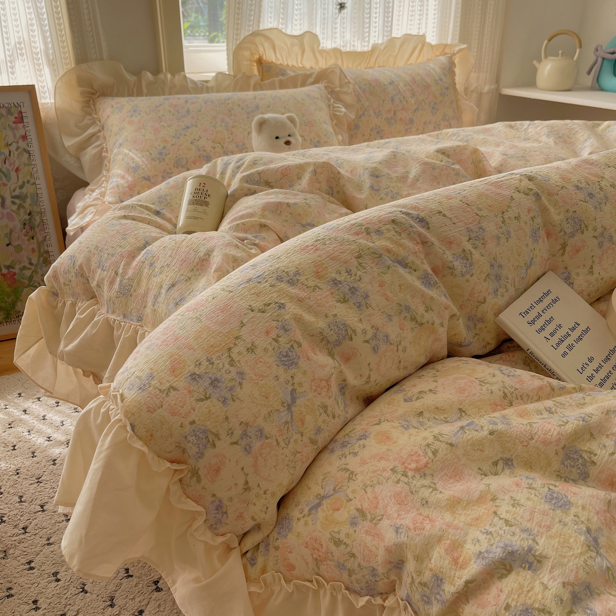 91家纺网 家纺一手货源 找家纺 初念 2025新款法式花边款小碎花云感双层纱系列四件套-曼塔（小红书推荐）提供买家秀 曼塔-虞美人的诗