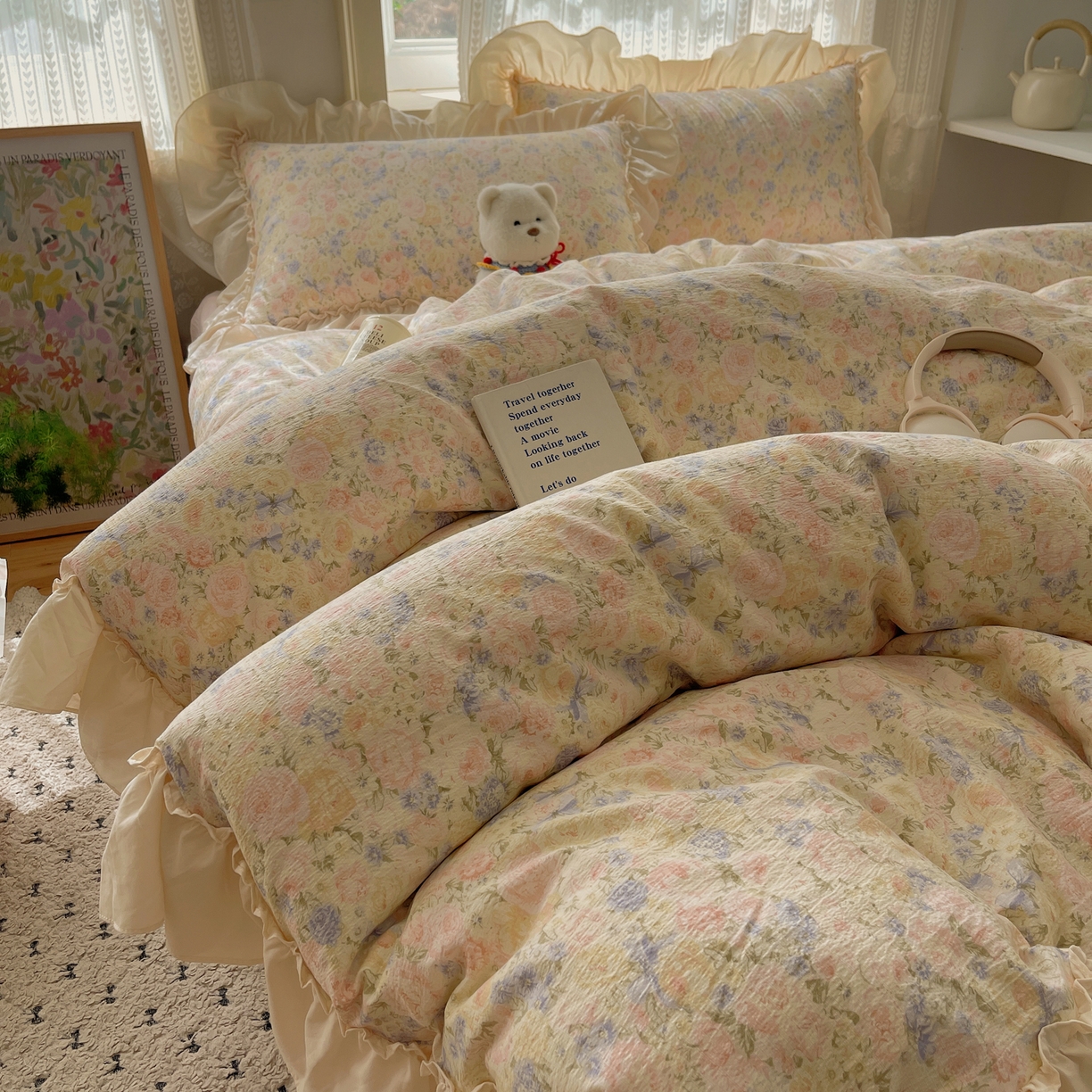 91家纺网 家纺一手货源 找家纺 初念 2025新款法式花边款小碎花云感双层纱系列四件套-曼塔（小红书推荐）提供买家秀 曼塔-虞美人的诗