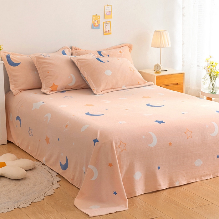 91家纺网 家纺一手货源 找家纺 金盛纺 2025新款高克重牛奶绒印花系列单床单(可定制) 梦幻星空（粉）