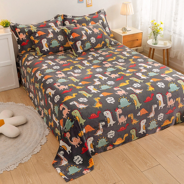 91家纺网 家纺一手货源 找家纺 金盛纺 2025新款高克重牛奶绒印花系列单床单(可定制) 恐龙王国