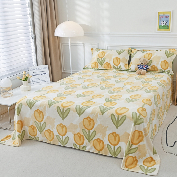 91家纺网 家纺一手货源 找家纺 金盛纺 2025新款高克重牛奶绒印花系列单床单(可定制) 郁金香