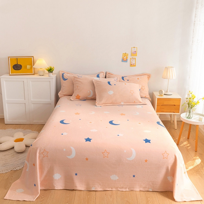 91家纺网 家纺一手货源 找家纺 金盛纺 2025新款高克重牛奶绒印花系列单床单(可定制) 梦幻星空（粉）