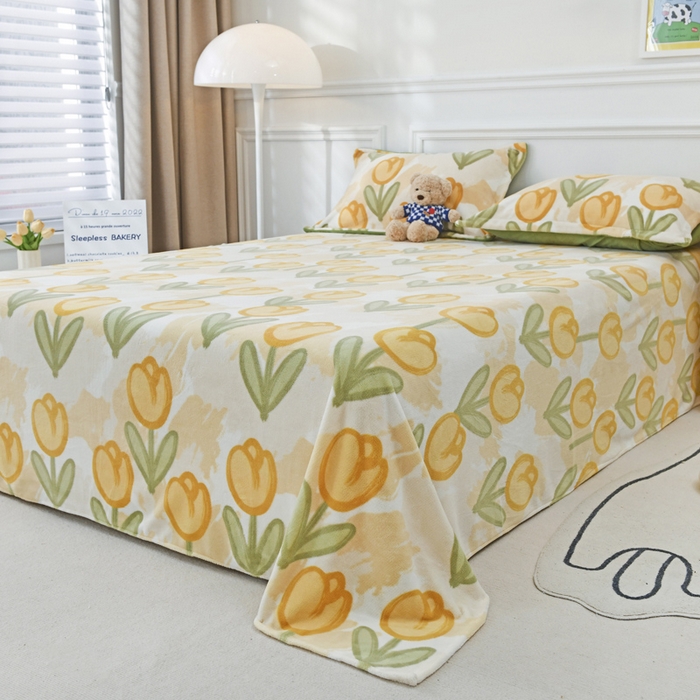 91家纺网 家纺一手货源 找家纺 金盛纺 2025新款高克重牛奶绒印花系列单床单(可定制) 郁金香