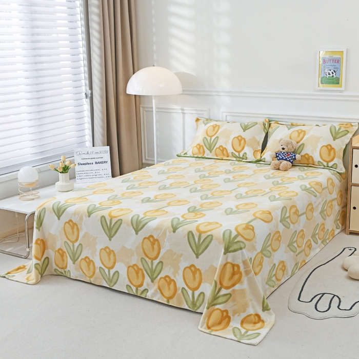 91家纺网 家纺一手货源 找家纺 金盛纺 2025新款高克重牛奶绒印花系列单床单(可定制) 郁金香