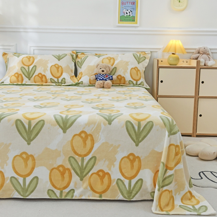 91家纺网 家纺一手货源 找家纺 金盛纺 2025新款高克重牛奶绒印花系列单床单(可定制) 郁金香